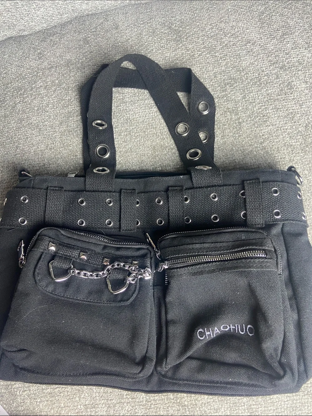 Black Canvas Grommet Belt Bag with Chain Accent